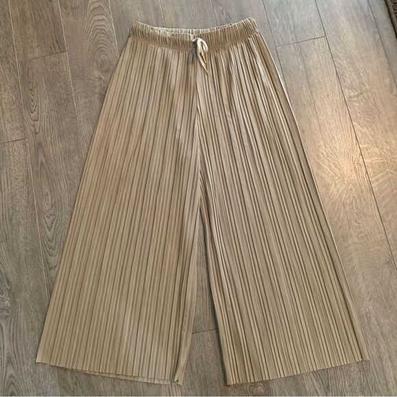 Wide leg Pleated Free Flowing Elastic Pull String Women Small Tan Pull On Pant. - Picture 3 of 13